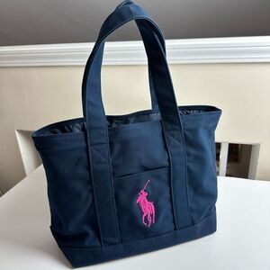 POLO RALPH LAUREN Canvas Tote Bag Navy With Pink Fuchsia Pony Embroidered RARE